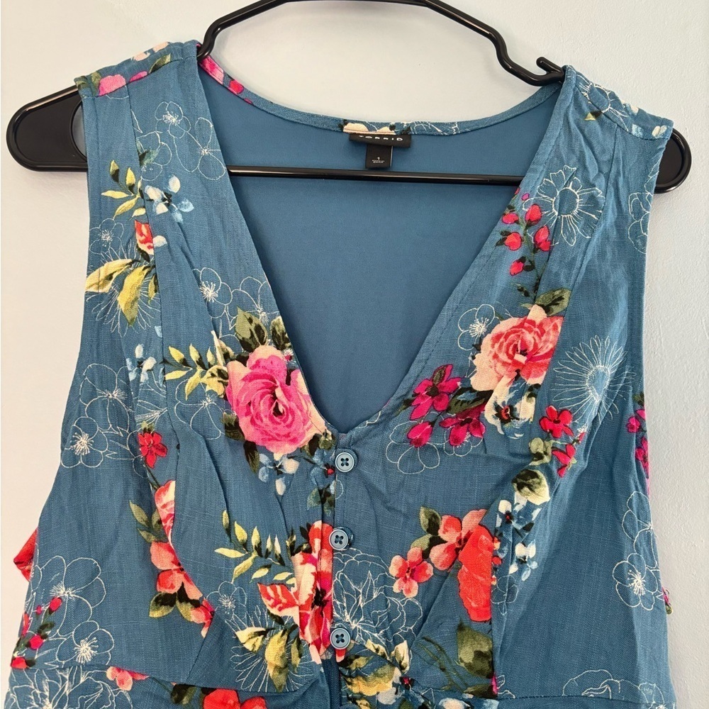 Torrid Womens Top 1X Plus Tank Blue Floral Faux Buttons Tie Back - Picture 6 of 9